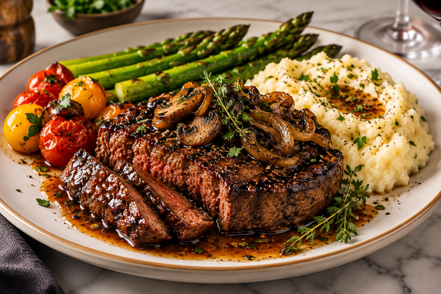 Seared steak with mushrooms, mashed potatoes, roasted tomatoes, and asparagus