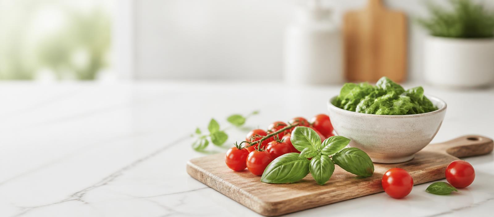 Fresh tomatoes, basil and greens on a wooden cutting board